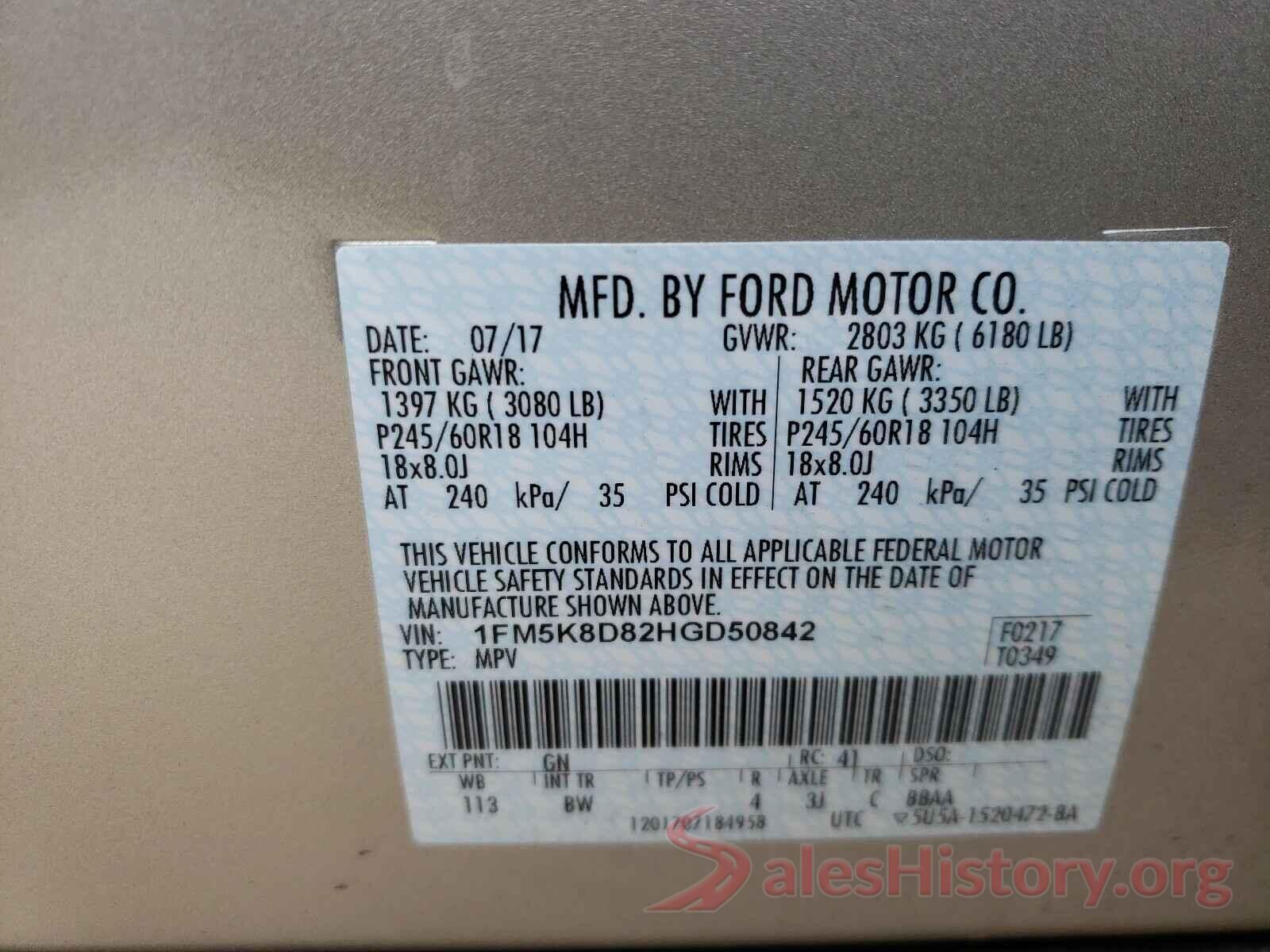 1FM5K8D82HGD50842 2017 FORD EXPLORER