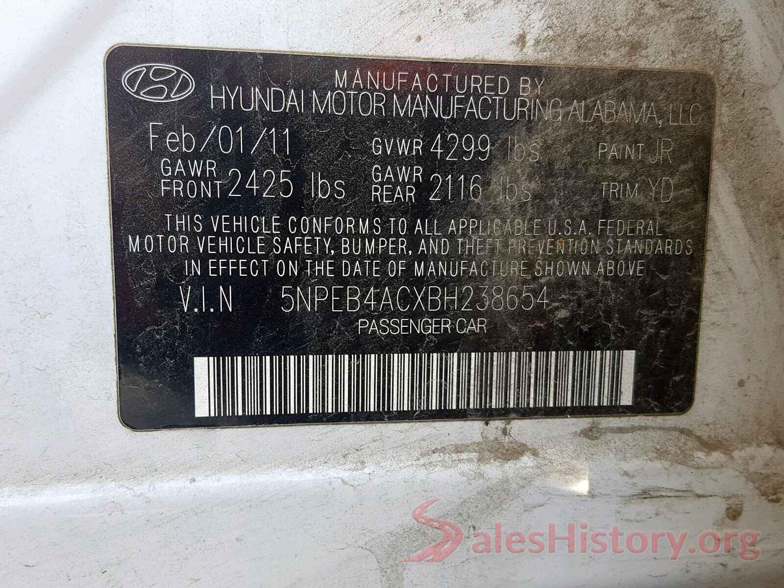 5NPEB4ACXBH238654 2011 HYUNDAI SONATA