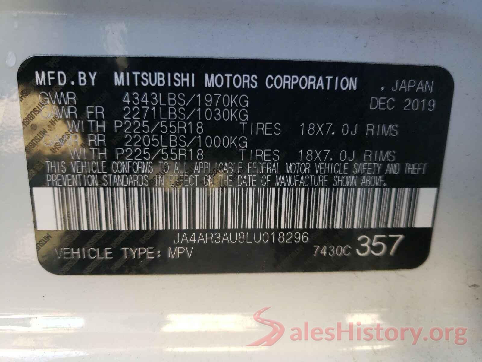 JA4AR3AU8LU018296 2020 MITSUBISHI OUTLANDER