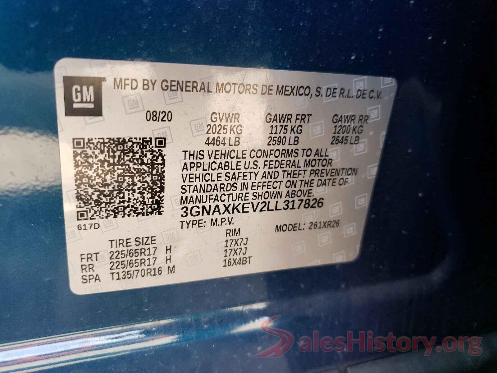 3GNAXKEV2LL317826 2020 CHEVROLET EQUINOX