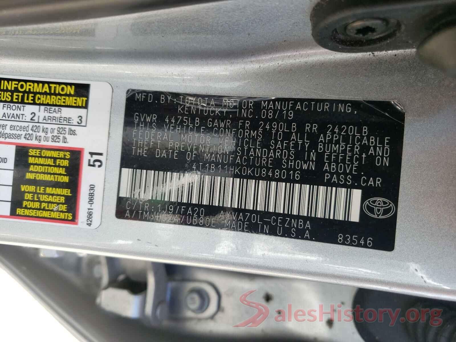 4T1B11HK0KU848016 2019 TOYOTA CAMRY