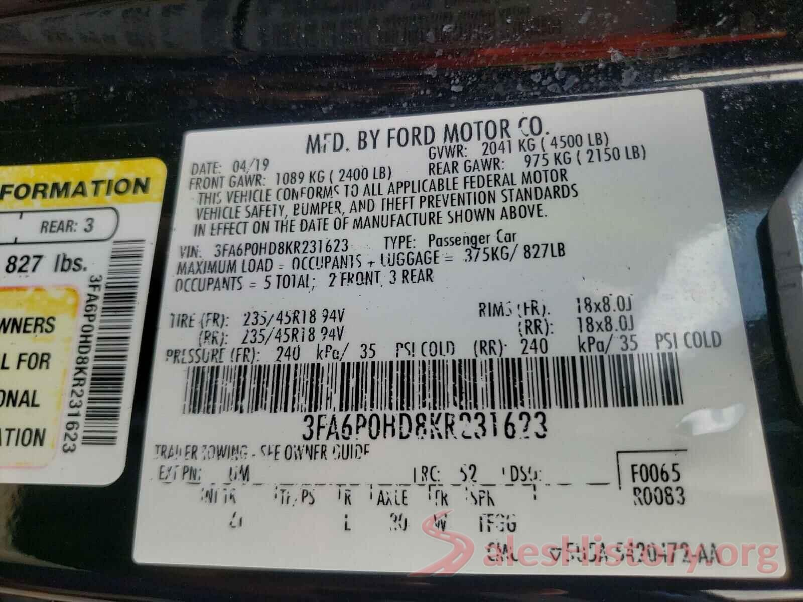 3FA6P0HD8KR231623 2019 FORD FUSION