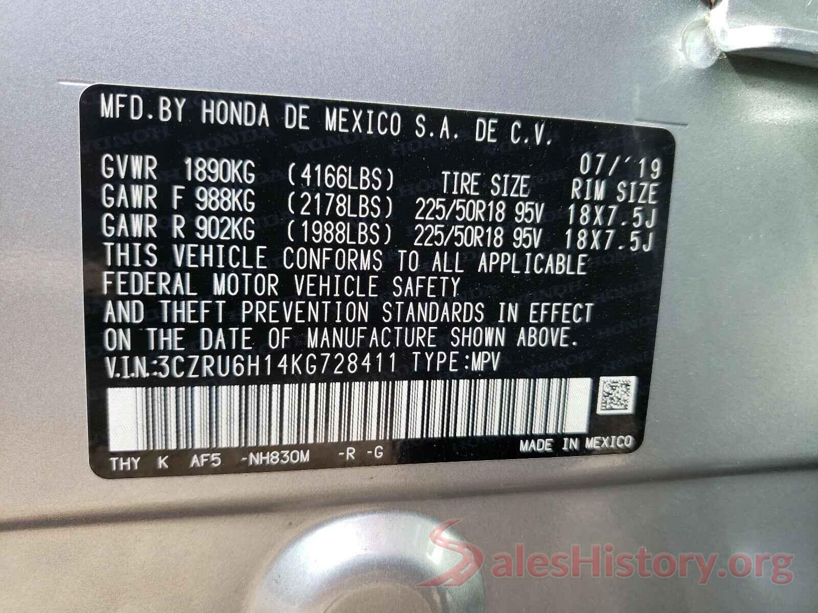 3CZRU6H14KG728411 2019 HONDA HR-V