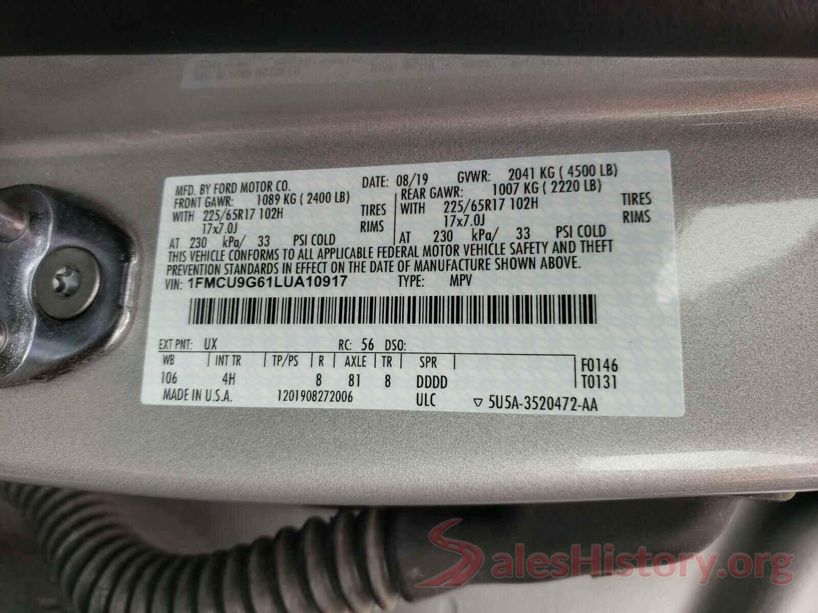 1FMCU9G61LUA10917 2020 FORD ESCAPE