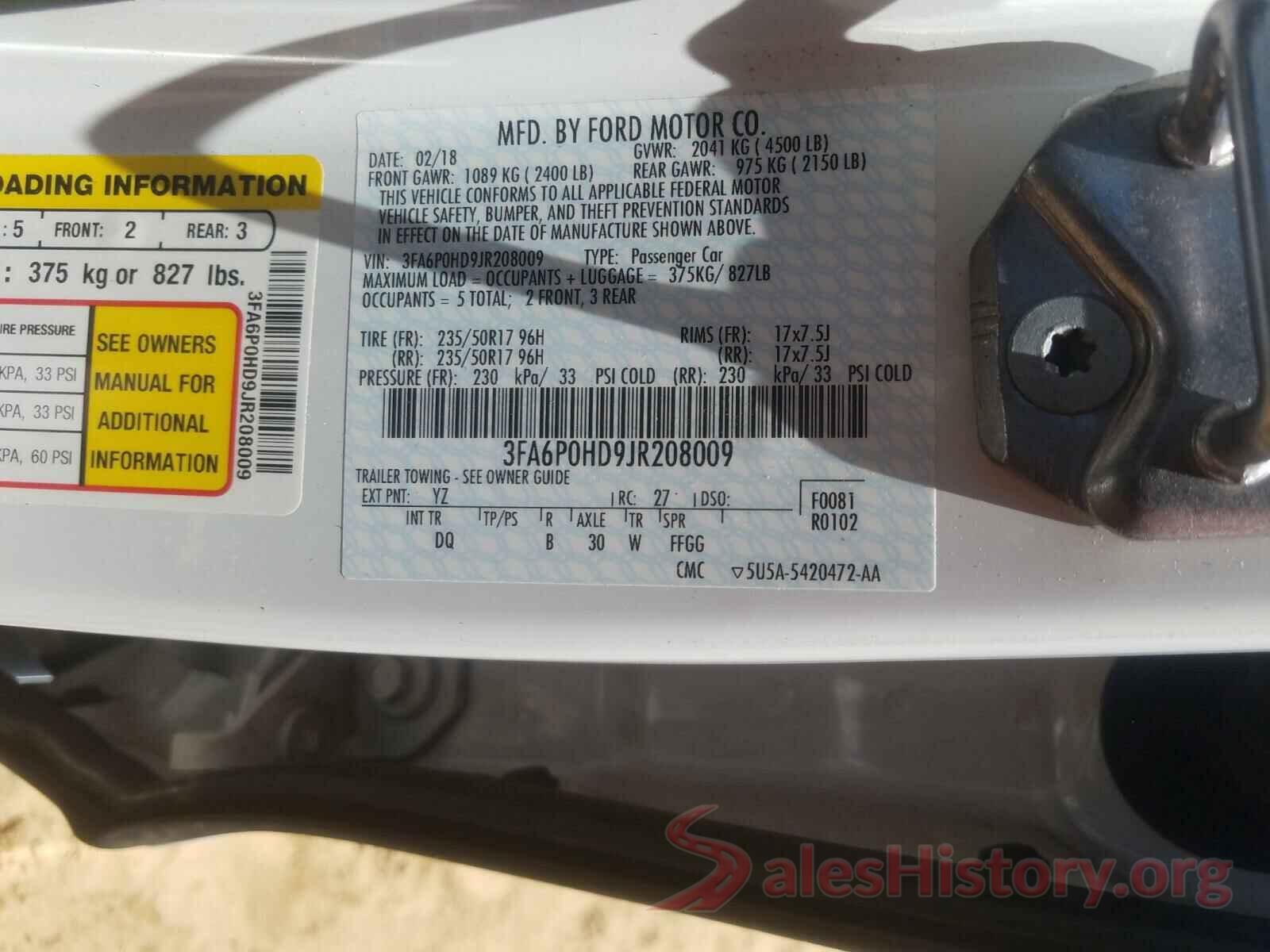 3FA6P0HD9JR208009 2018 FORD FUSION