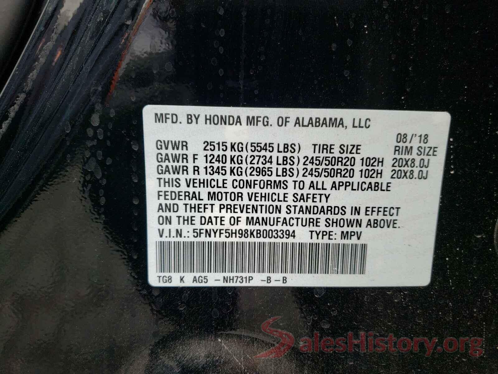 5FNYF5H98KB003394 2019 HONDA PILOT