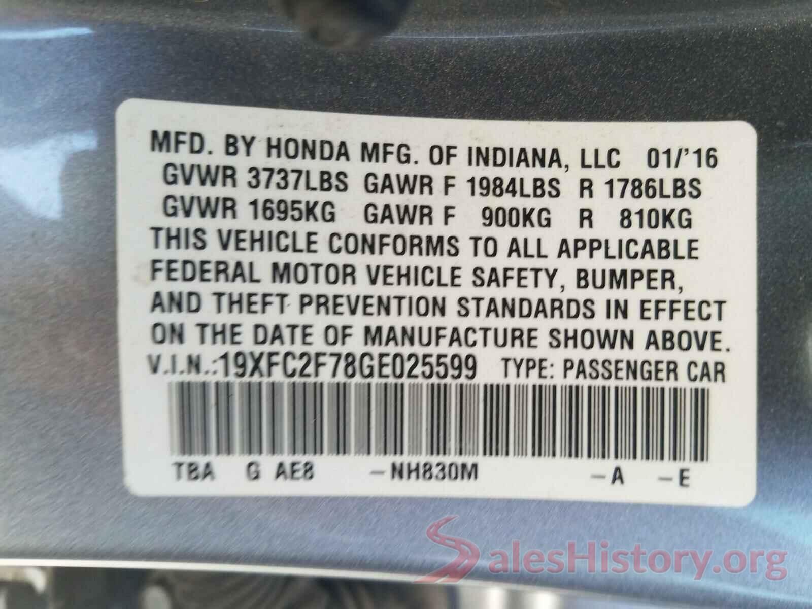 19XFC2F78GE025599 2016 HONDA CIVIC