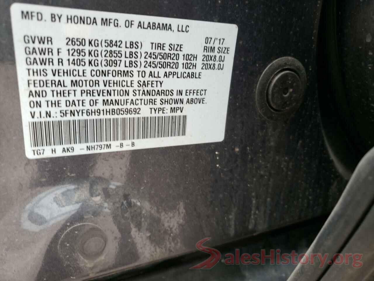 5FNYF6H91HB059692 2017 HONDA PILOT