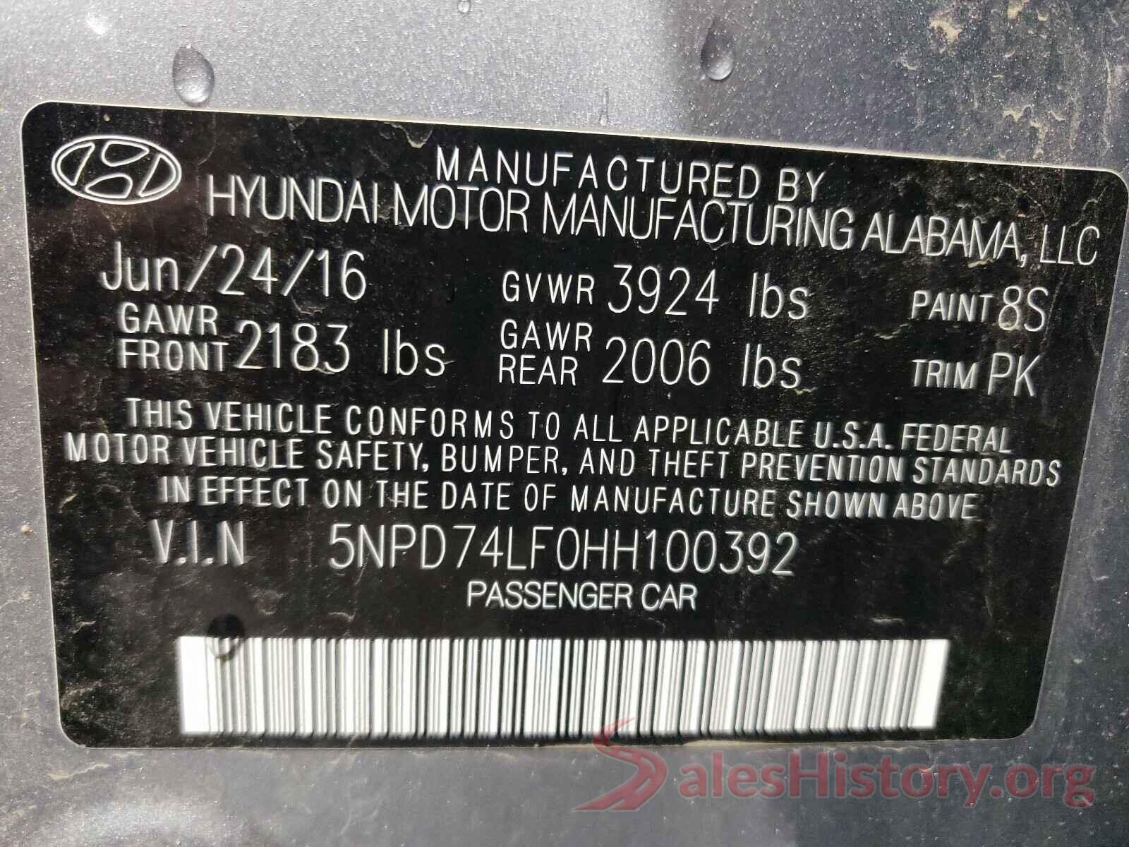 5NPD74LF0HH100392 2017 HYUNDAI ELANTRA