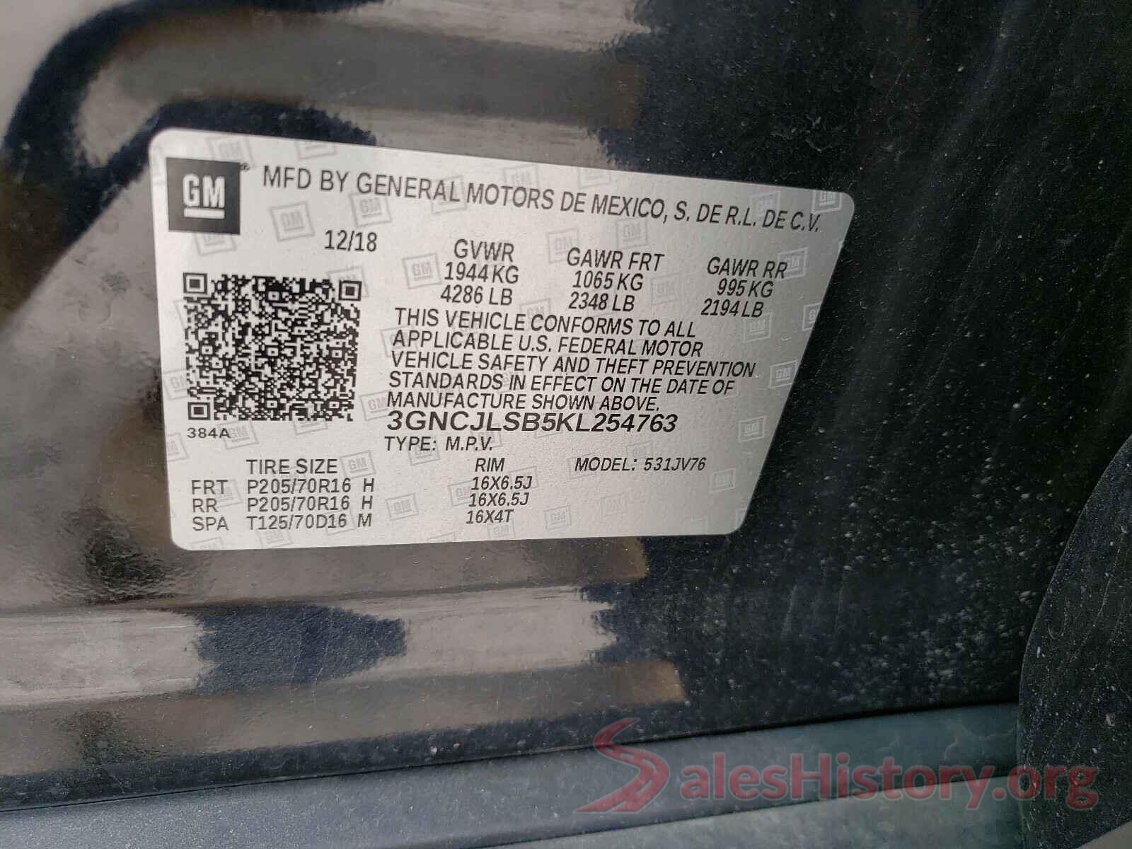 3GNCJLSB5KL254763 2019 CHEVROLET TRAX