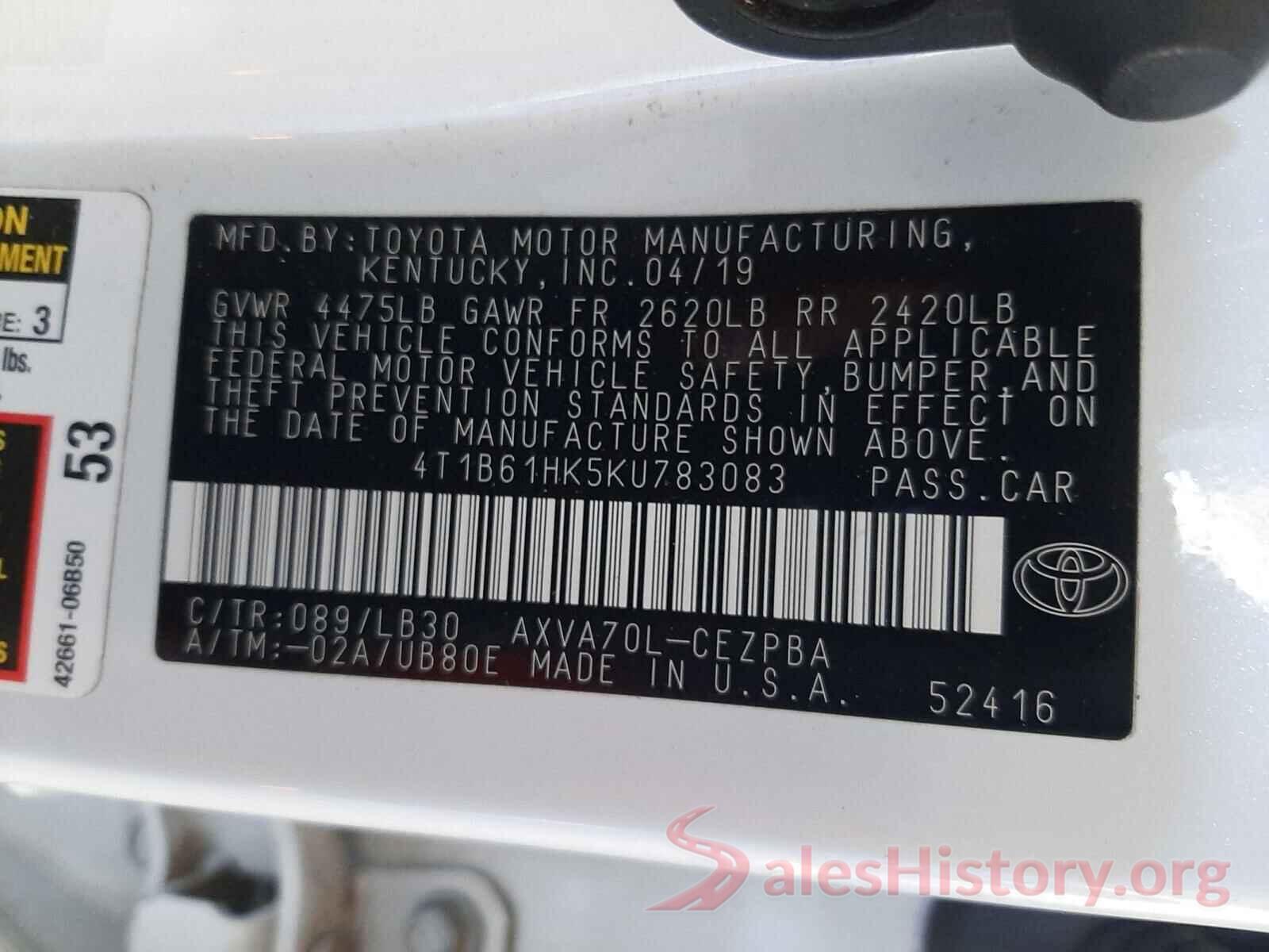 4T1B61HK5KU783083 2019 TOYOTA CAMRY