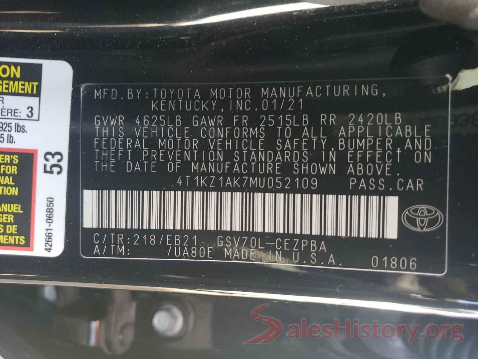 4T1KZ1AK7MU052109 2021 TOYOTA CAMRY