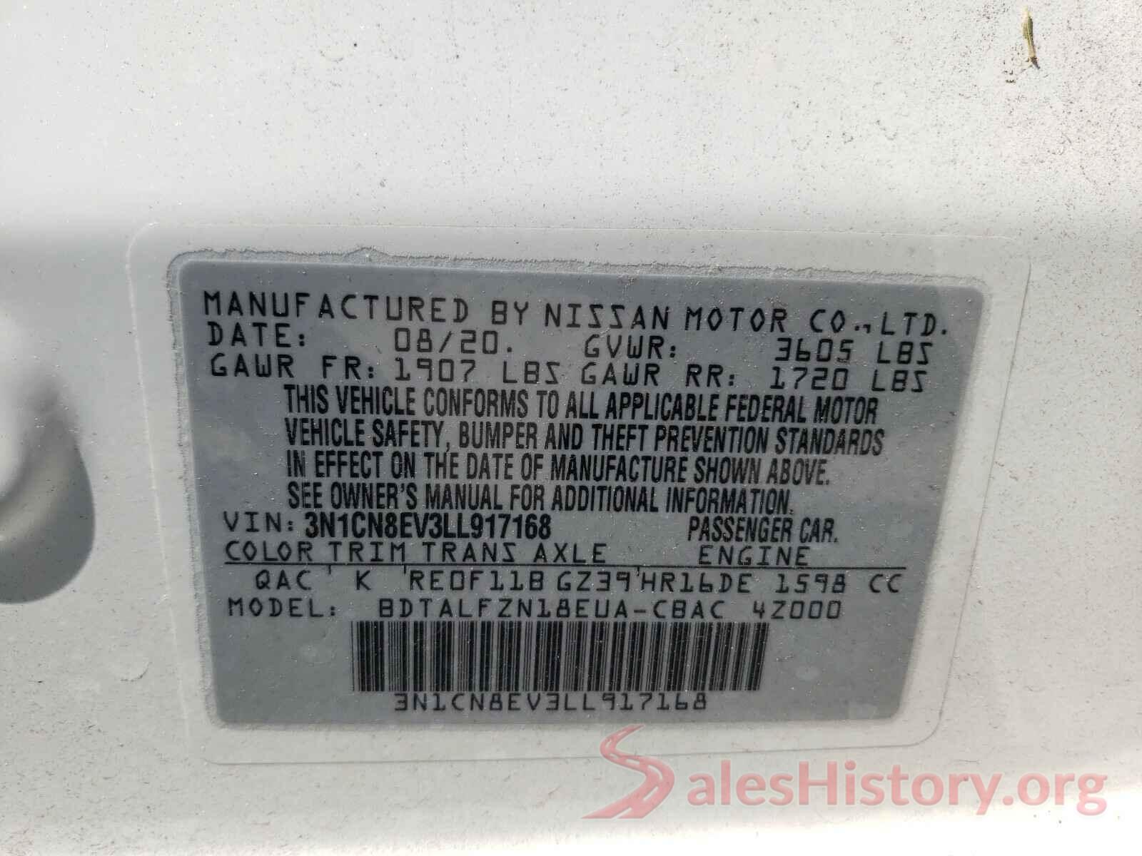 3N1CN8EV3LL917168 2020 NISSAN VERSA