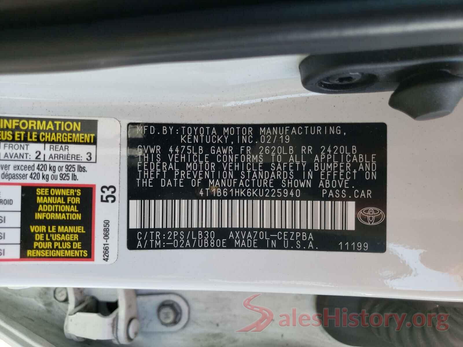 4T1B61HK6KU225940 2019 TOYOTA CAMRY