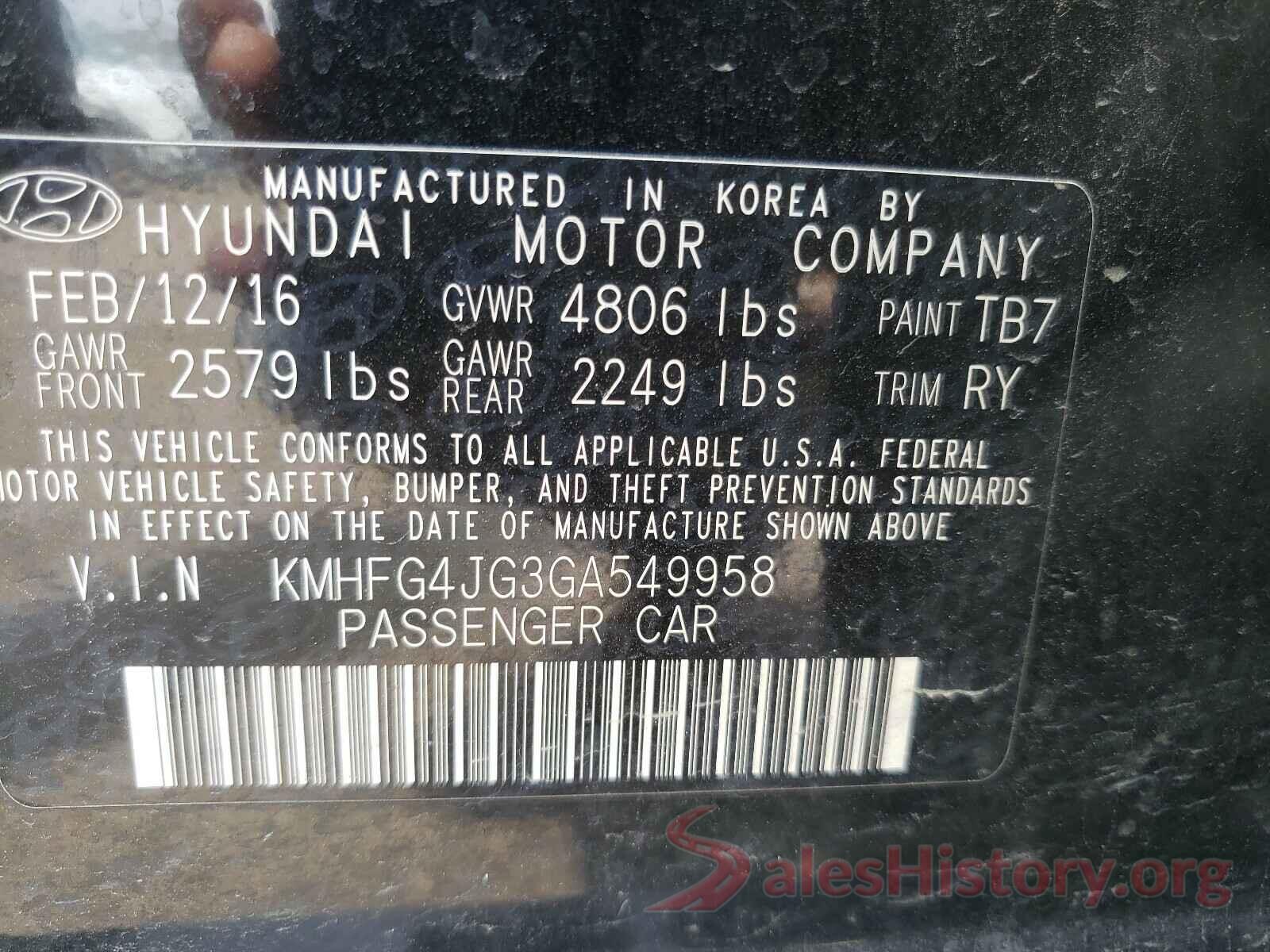 KMHFG4JG3GA549958 2016 HYUNDAI AZERA