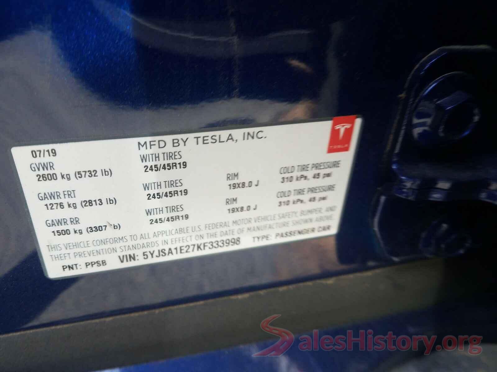 5YJSA1E27KF333998 2019 TESLA MODEL S