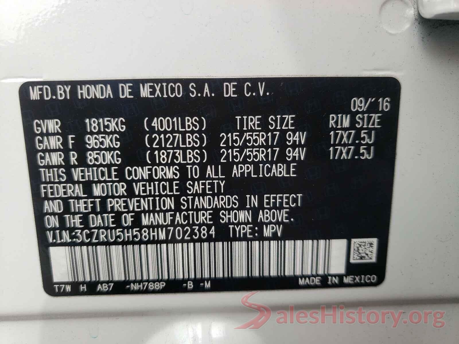 3CZRU5H58HM702384 2017 HONDA HR-V