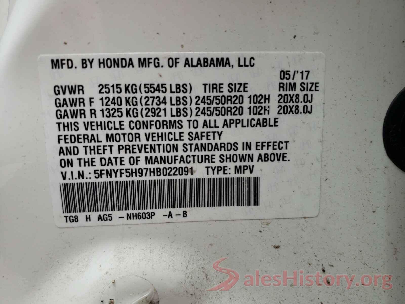 5FNYF5H97HB022091 2017 HONDA PILOT