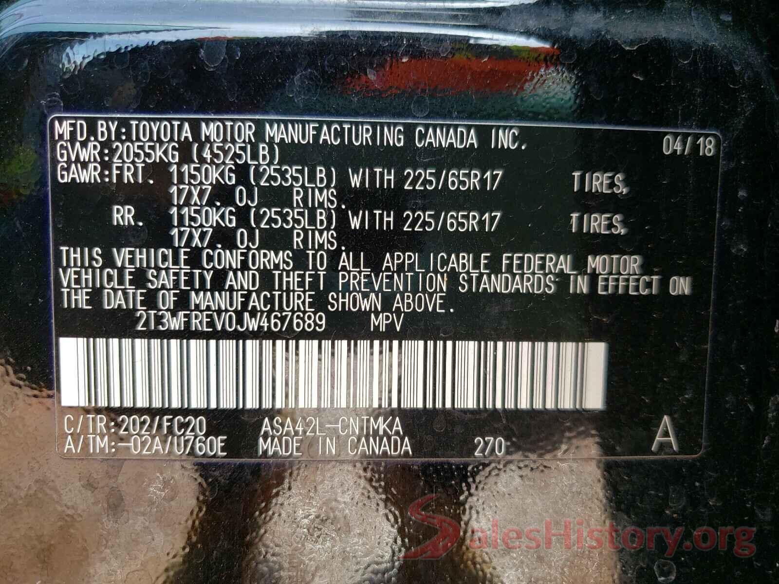 2T3WFREV0JW467689 2018 TOYOTA RAV4