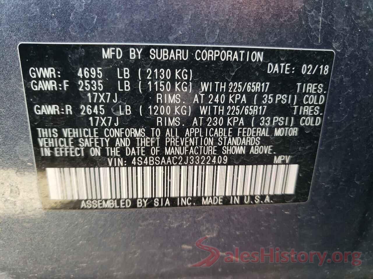 4S4BSAAC2J3322409 2018 SUBARU OUTBACK