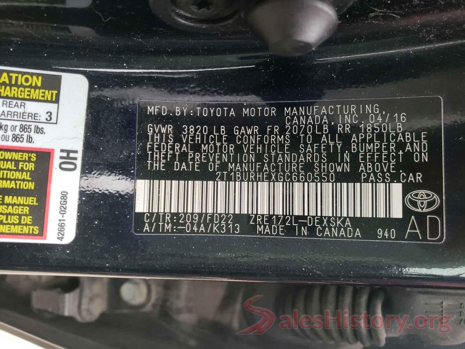 2T1BURHEXGC660550 2016 TOYOTA COROLLA