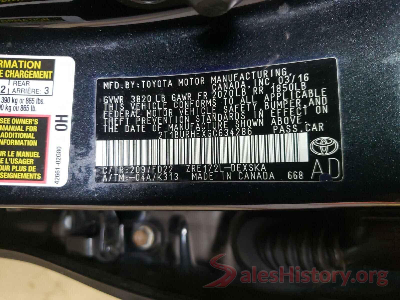 2T1BURHEXGC634286 2016 TOYOTA COROLLA