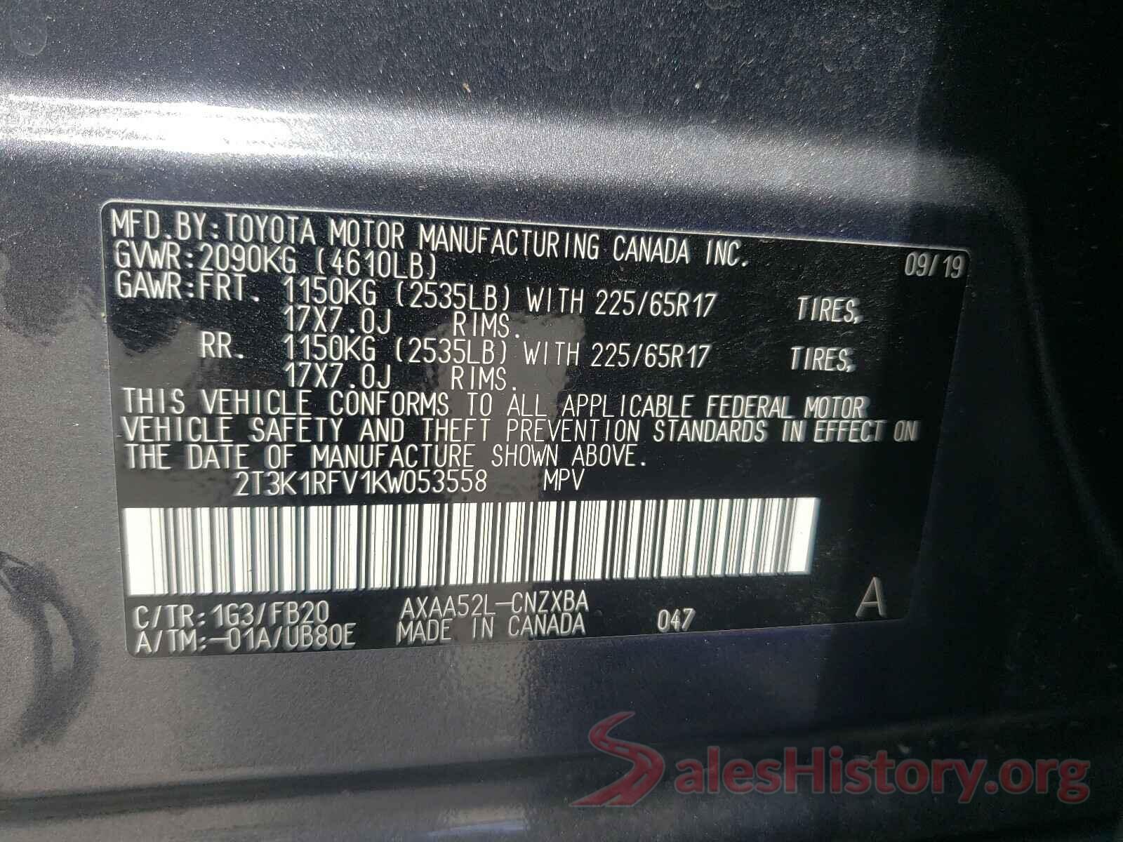 2T3K1RFV1KW053558 2019 TOYOTA RAV4