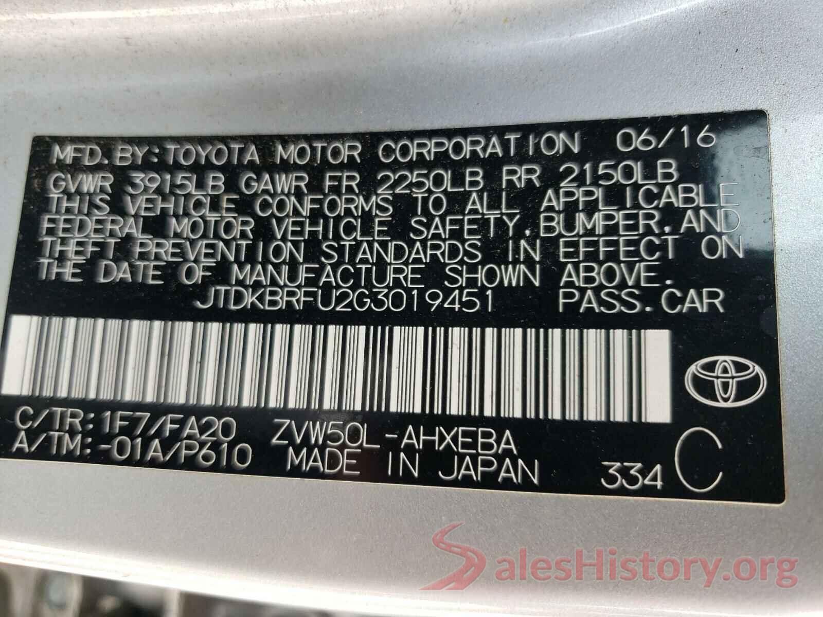 JTDKBRFU2G3019451 2016 TOYOTA PRIUS