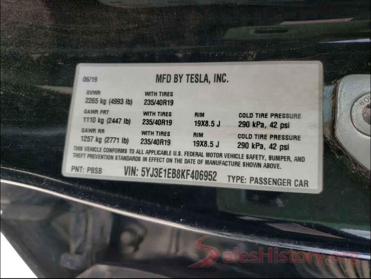 5YJ3E1EB8KF406952 2019 TESLA MODEL 3