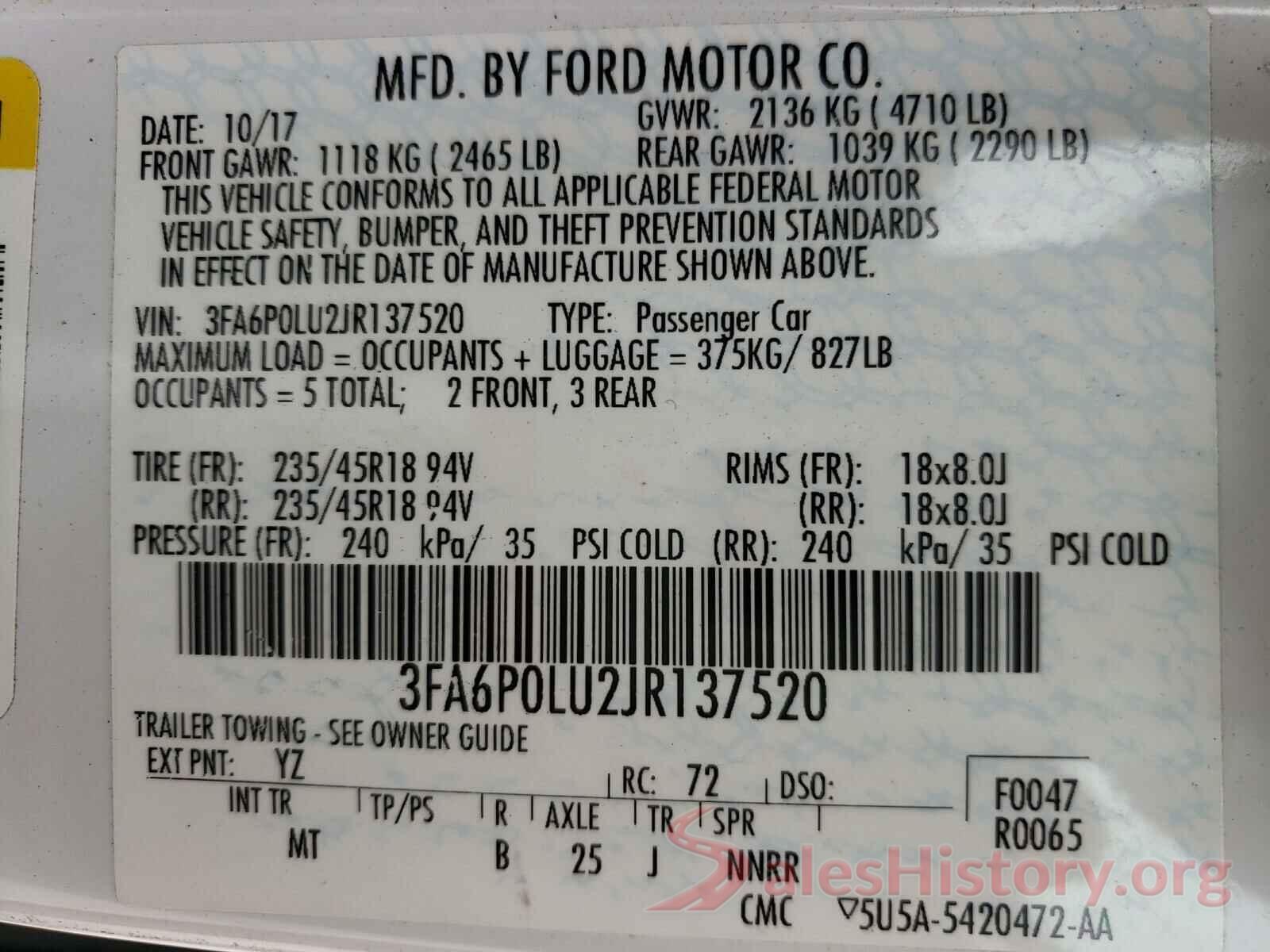 3FA6P0LU2JR137520 2018 FORD FUSION