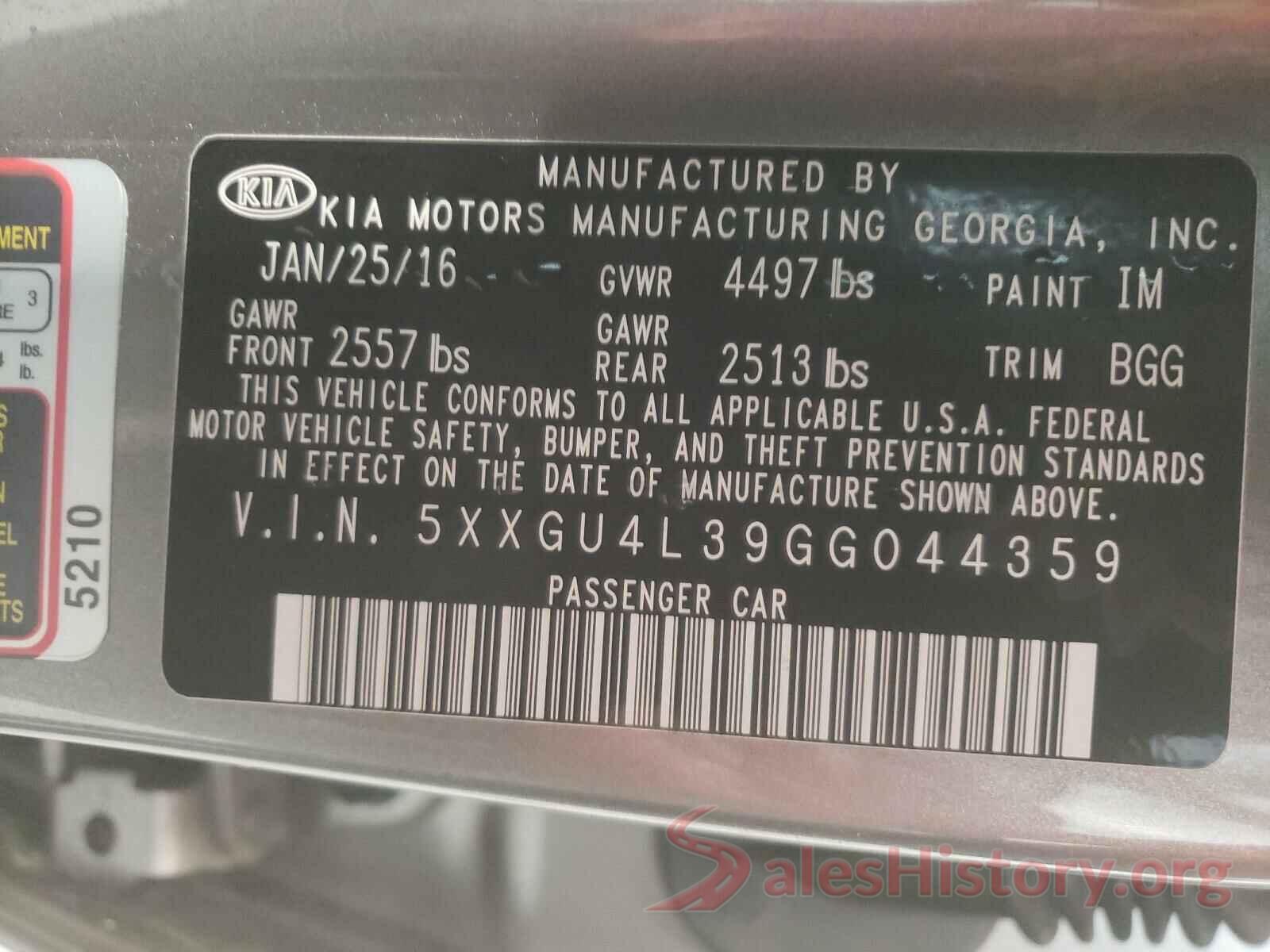 5XXGU4L39GG044359 2016 KIA OPTIMA