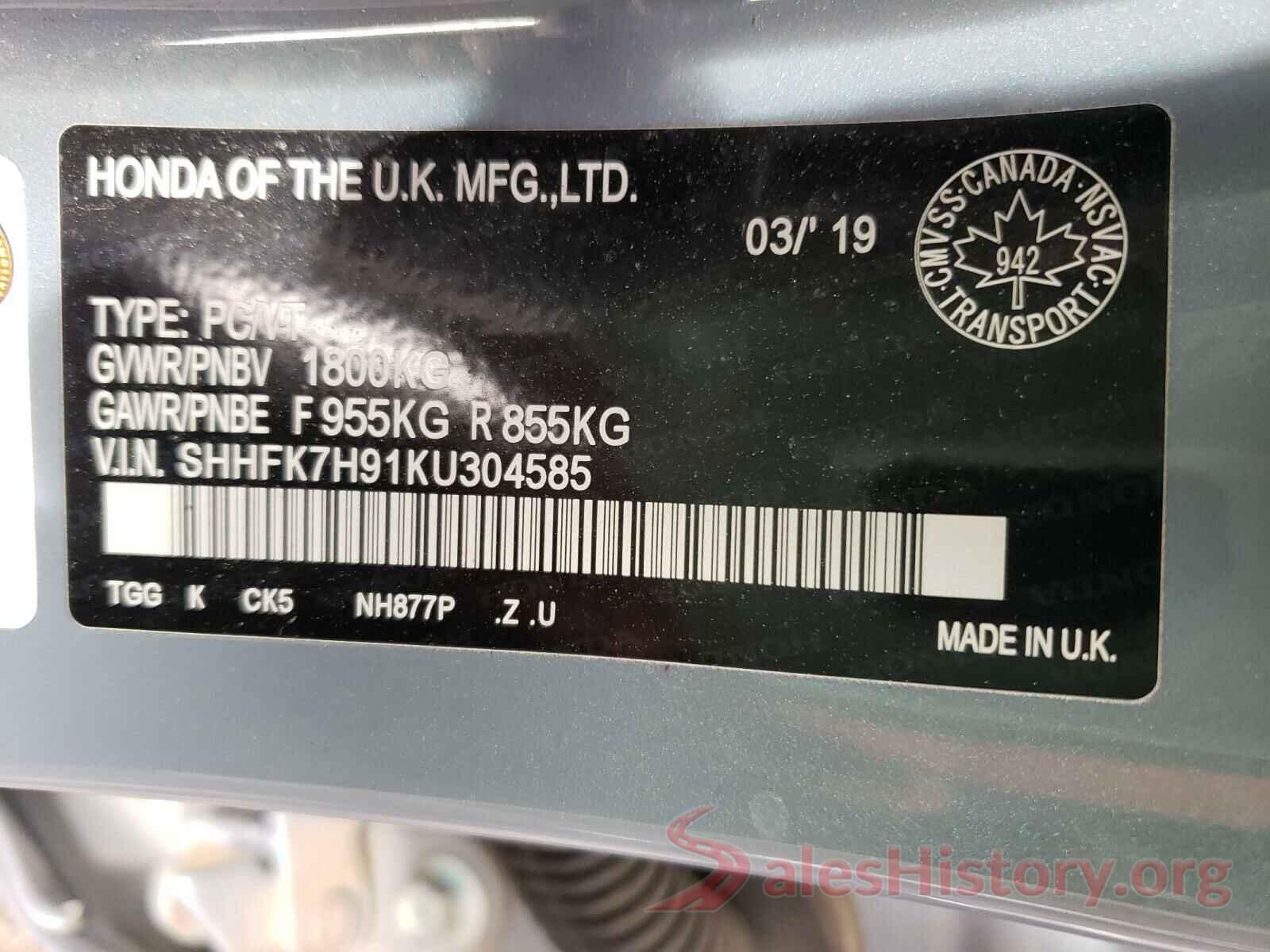 SHHFK7H91KU304585 2019 HONDA CIVIC