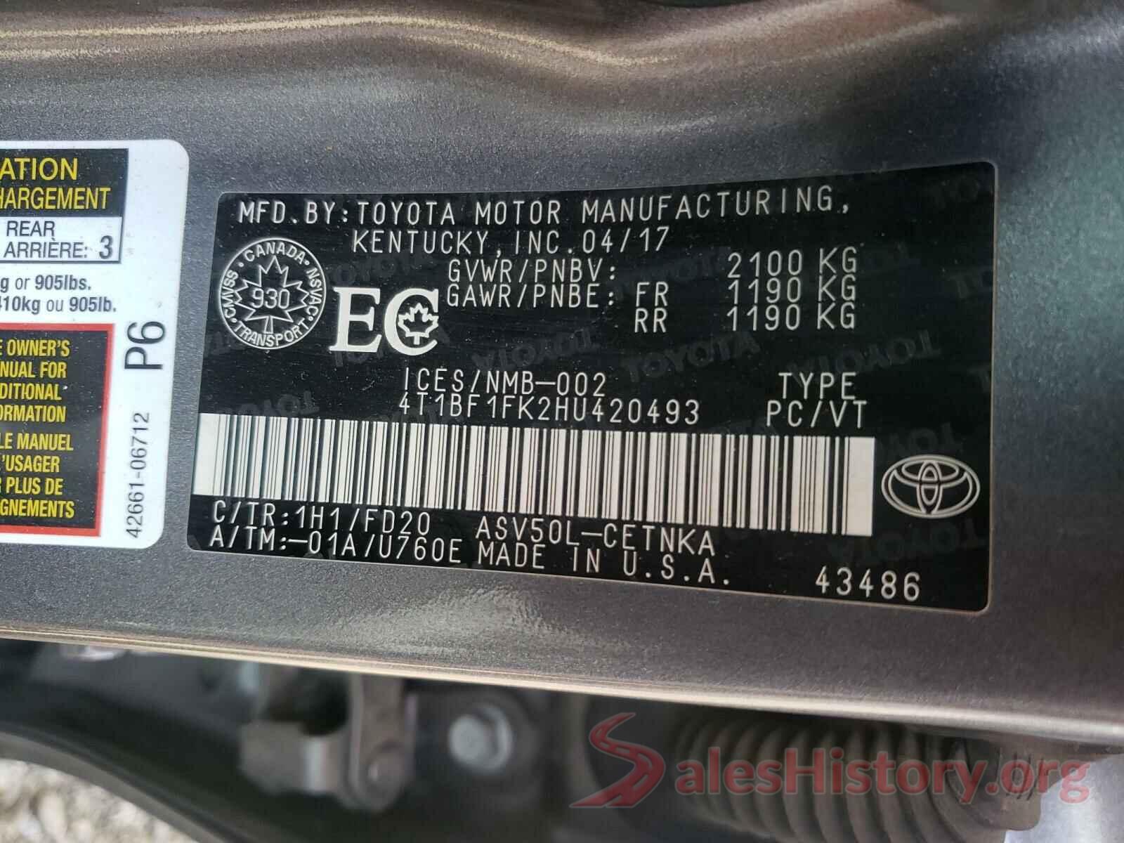 4T1BF1FK2HU420493 2017 TOYOTA CAMRY