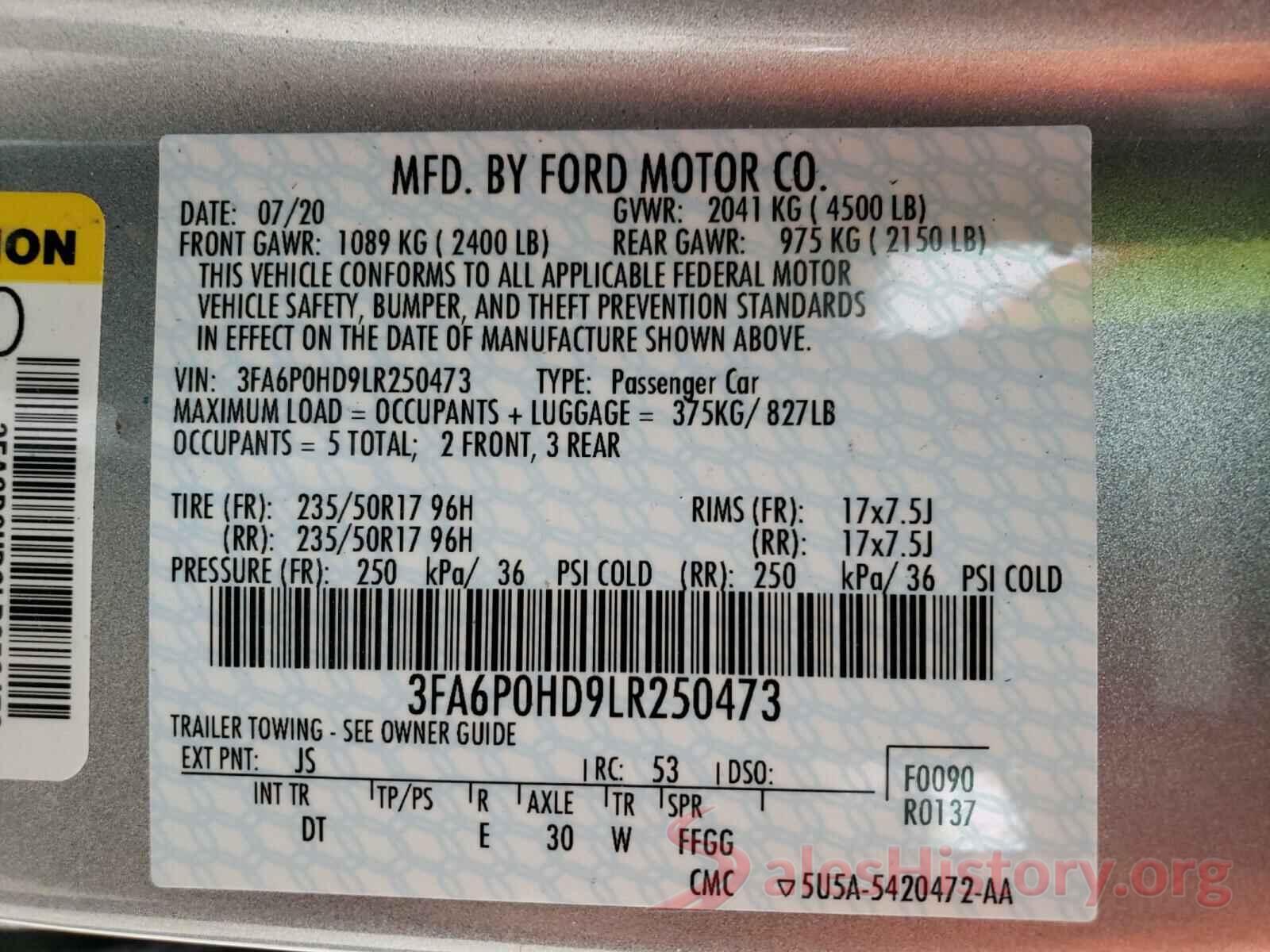 3FA6P0HD9LR250473 2020 FORD FUSION