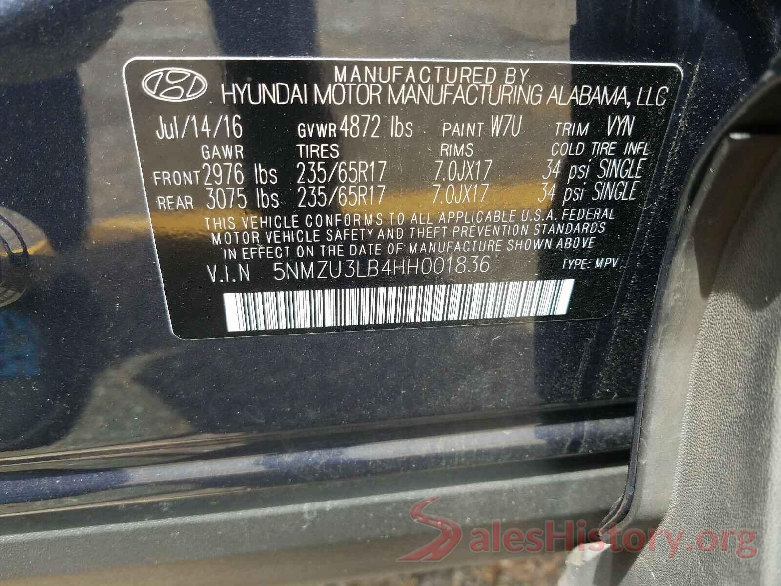 5NMZU3LB4HH001836 2017 HYUNDAI SANTA FE