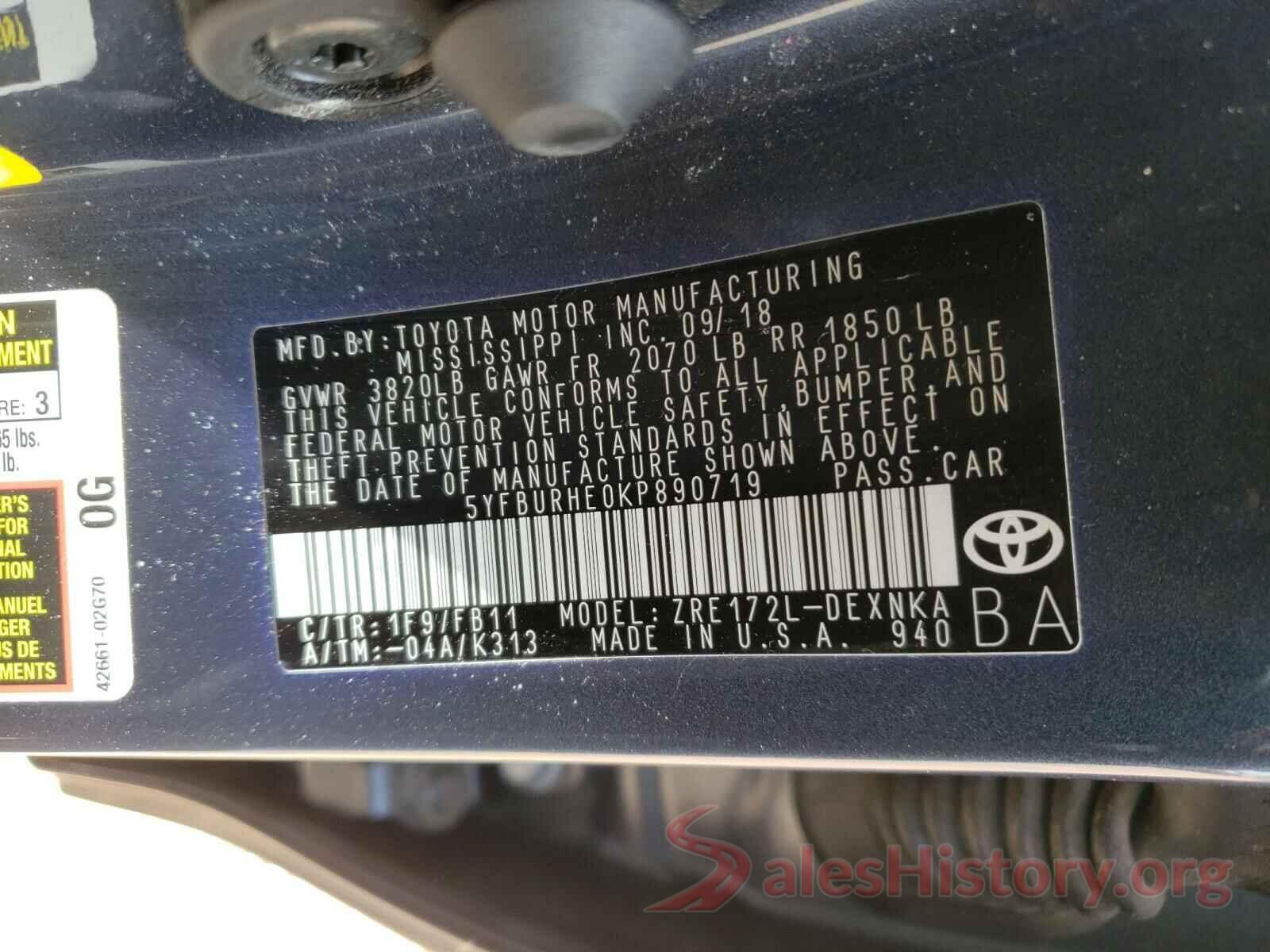 5YFBURHE0KP890719 2019 TOYOTA COROLLA