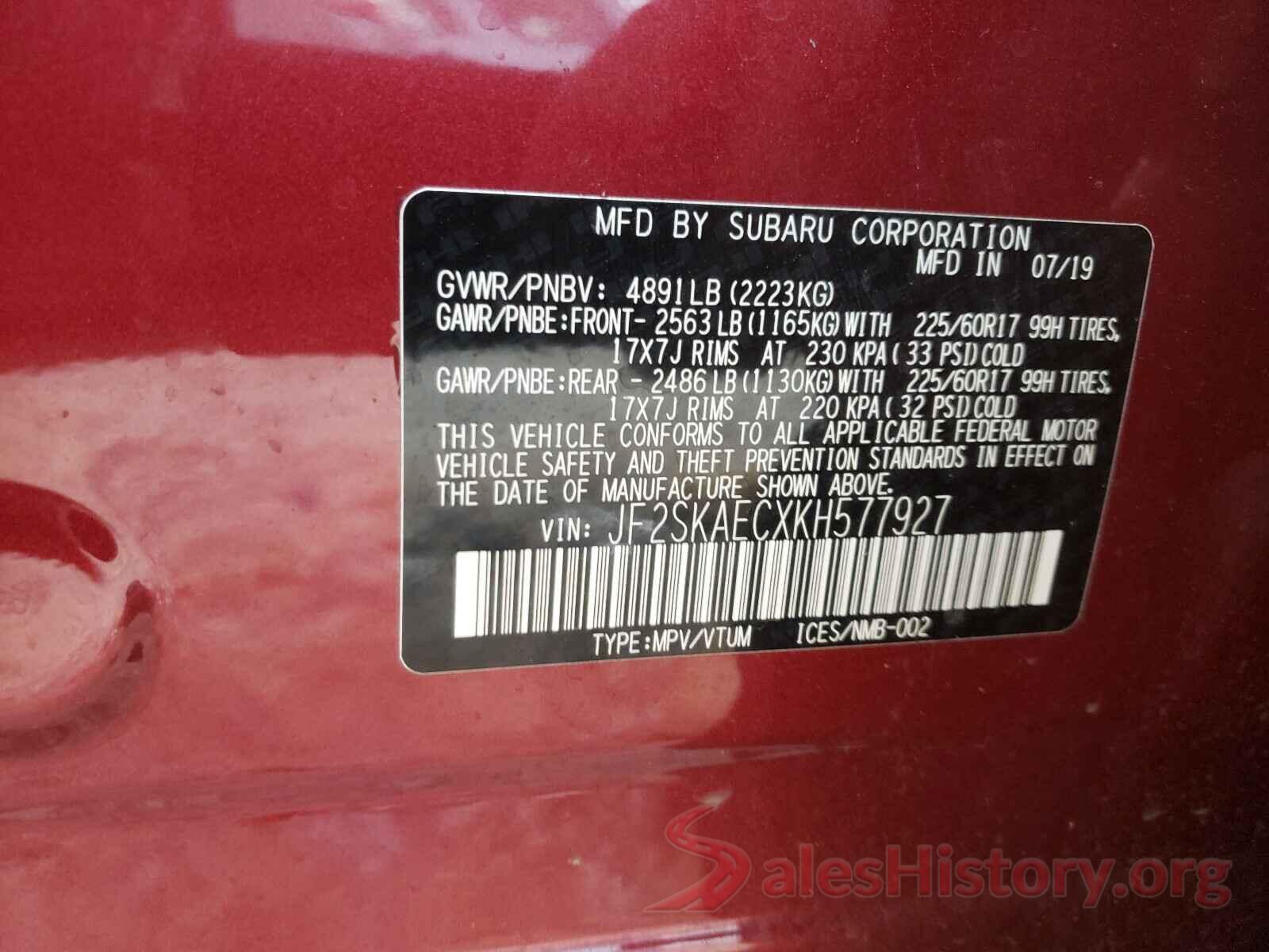 JF2SKAECXKH577927 2019 SUBARU FORESTER