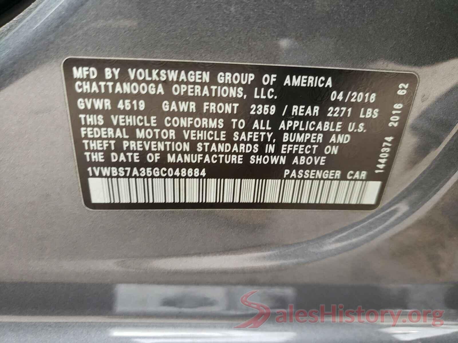 1VWBS7A35GC048684 2016 VOLKSWAGEN PASSAT