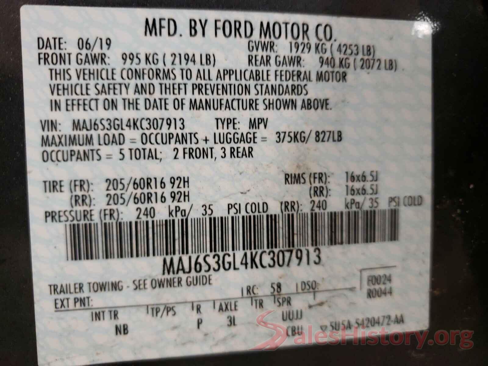 MAJ6S3GL4KC307913 2019 FORD ALL OTHER