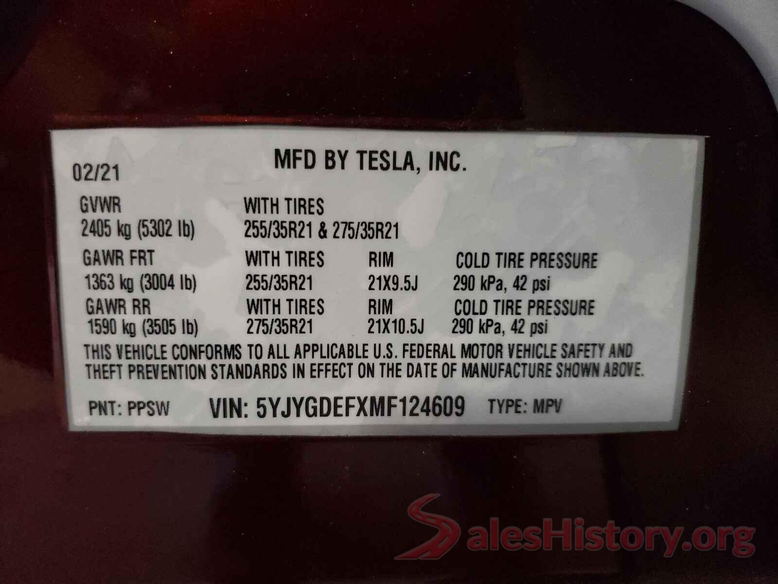 5YJYGDEFXMF124609 2021 TESLA MODEL Y