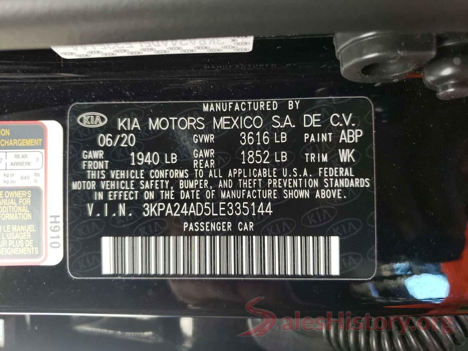 3KPA24AD5LE335144 2020 KIA RIO