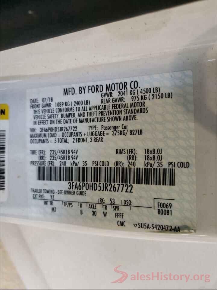 3FA6P0HD5JR267722 2018 FORD FUSION