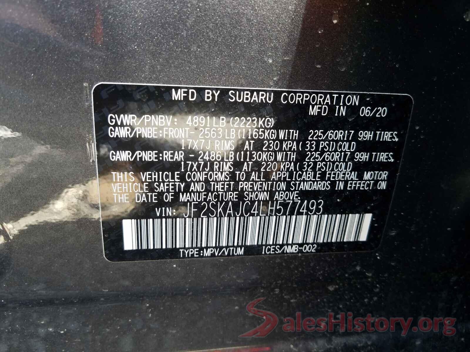 JF2SKAJC4LH577493 2020 SUBARU FORESTER