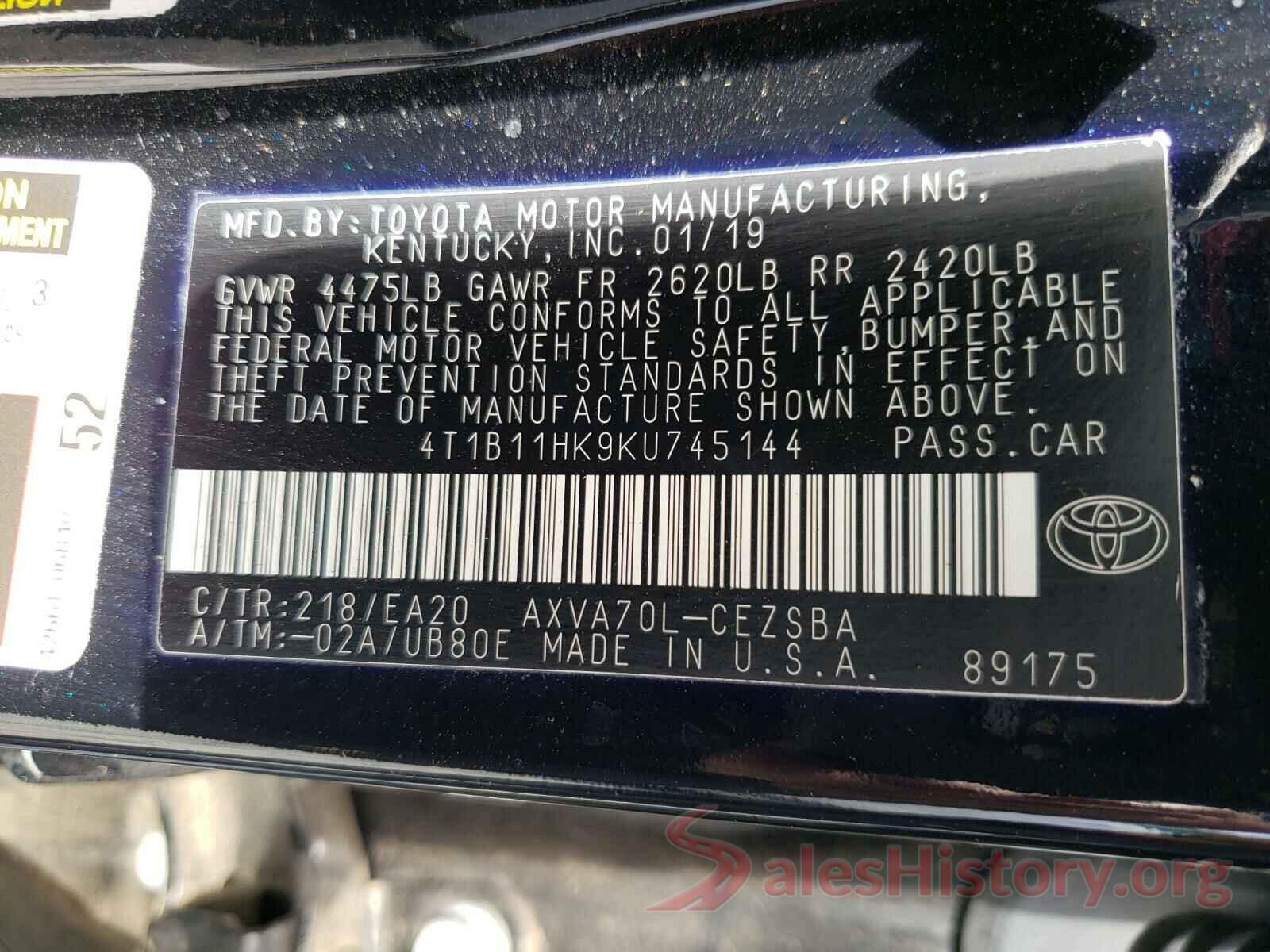 4T1B11HK9KU745144 2019 TOYOTA CAMRY