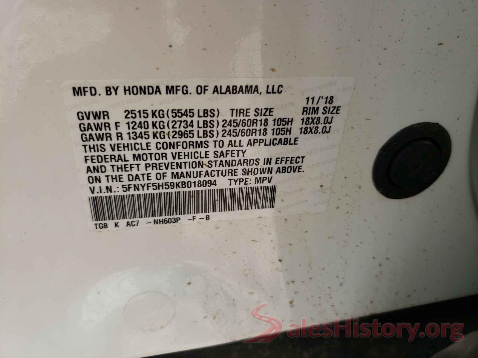 5FNYF5H59KB018094 2019 HONDA PILOT