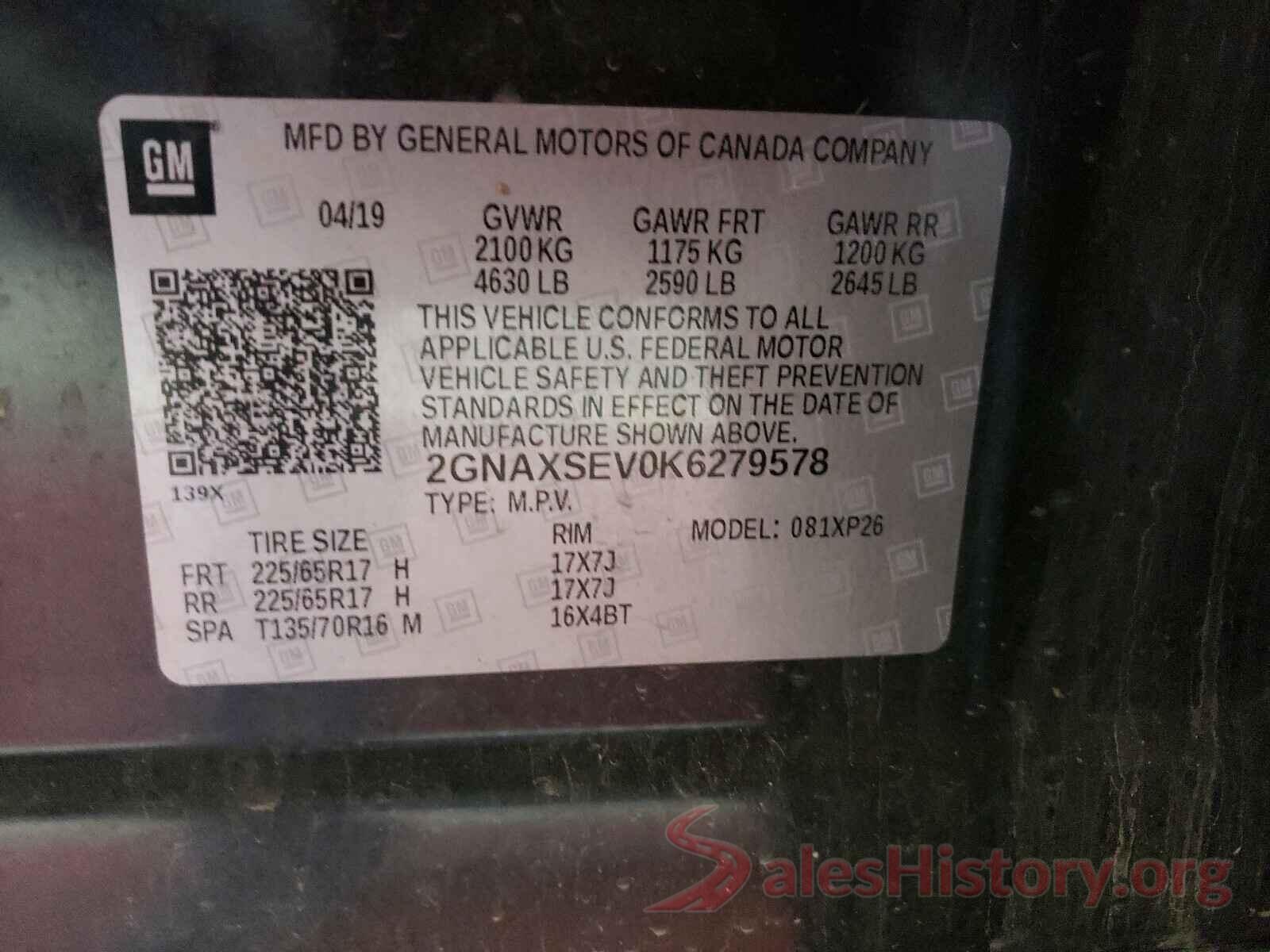 2GNAXSEV0K6279578 2019 CHEVROLET EQUINOX