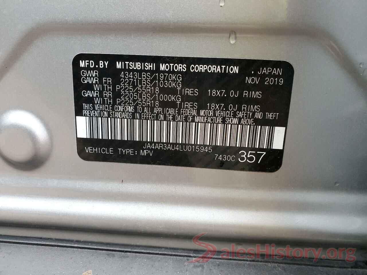 JA4AR3AU4LU015945 2020 MITSUBISHI OUTLANDER