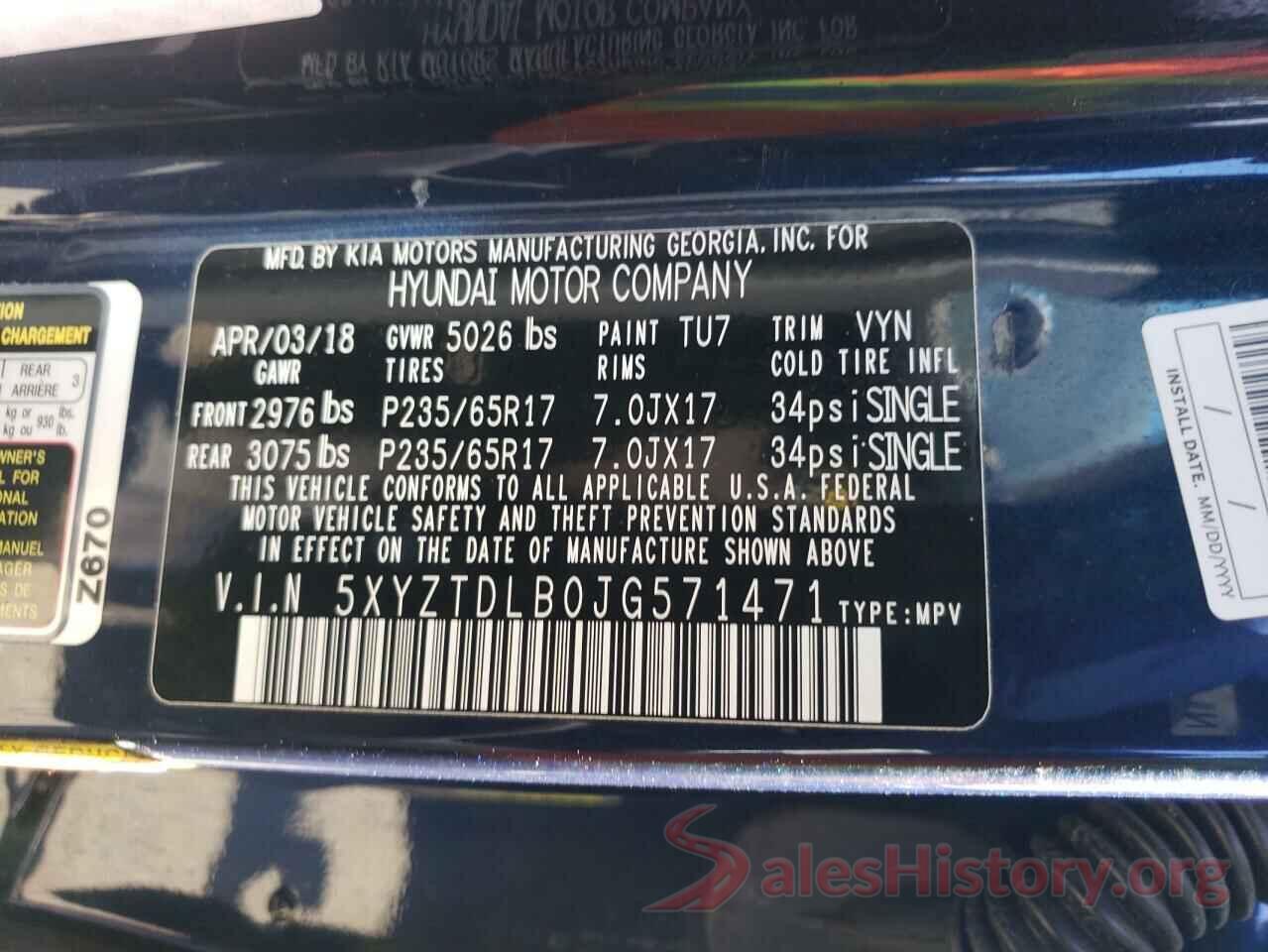 5XYZTDLB0JG571471 2018 HYUNDAI SANTA FE