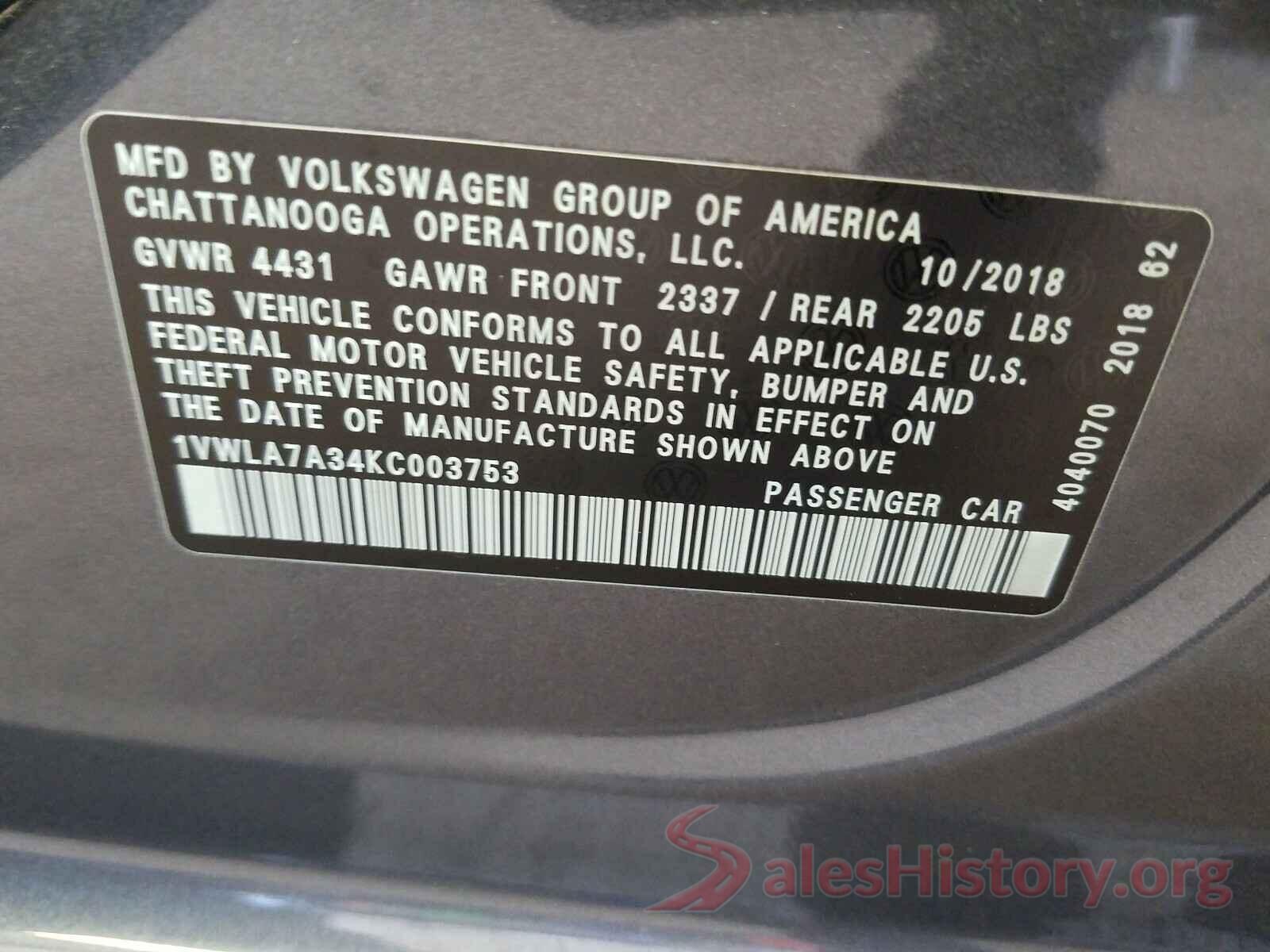 1VWLA7A34KC003753 2019 VOLKSWAGEN PASSAT