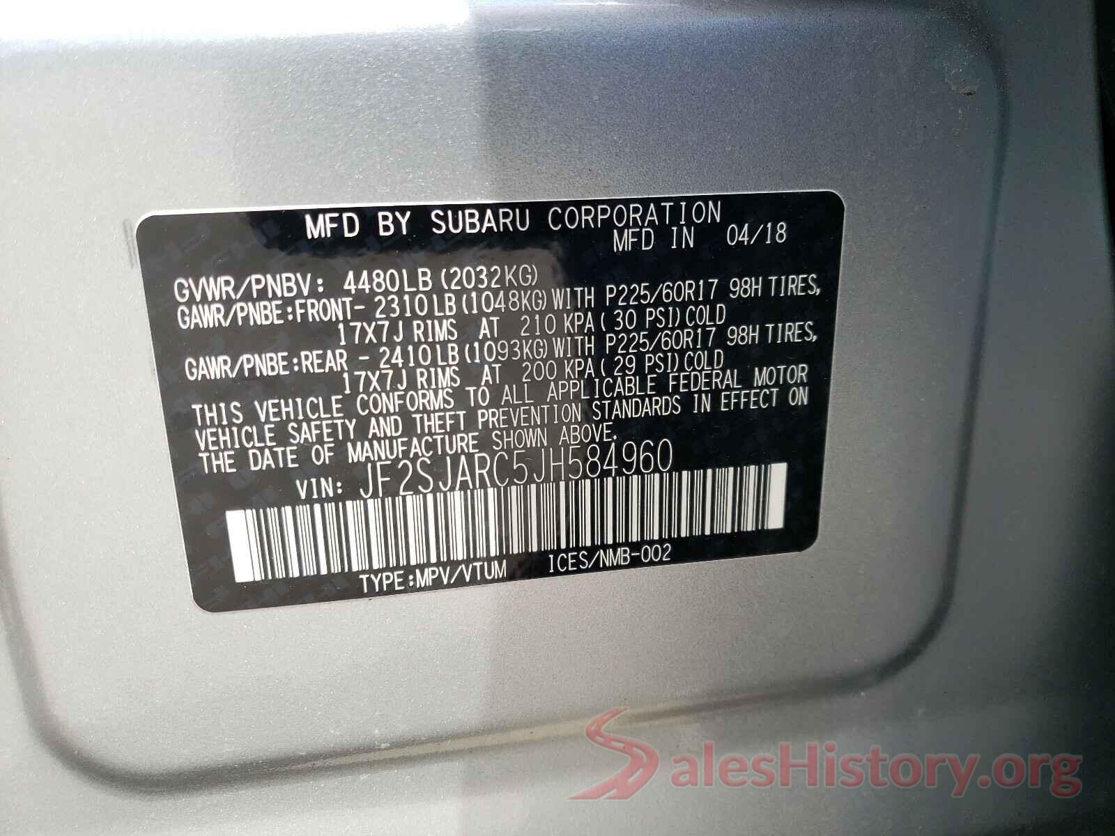 JF2SJARC5JH584960 2018 SUBARU FORESTER